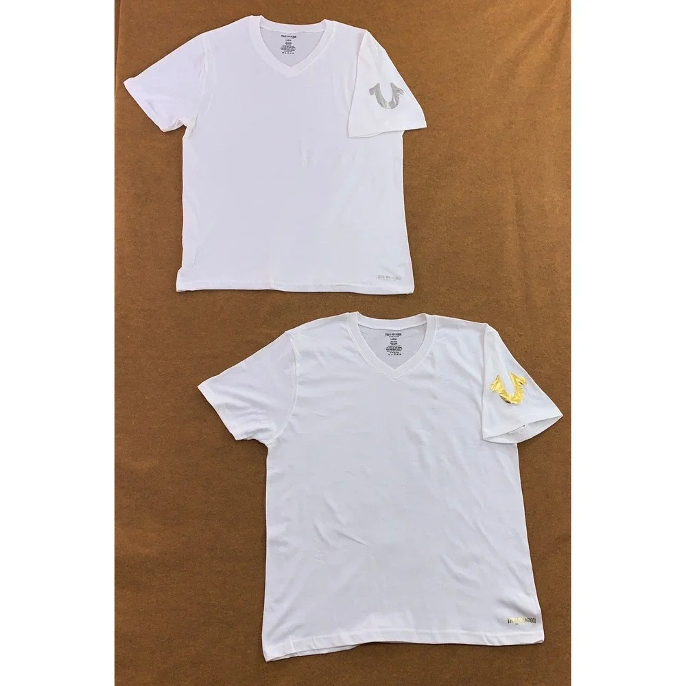 True Religion Mens Large White Gold Silver Foil Logo V-Neck T-Shirt 2 Pack